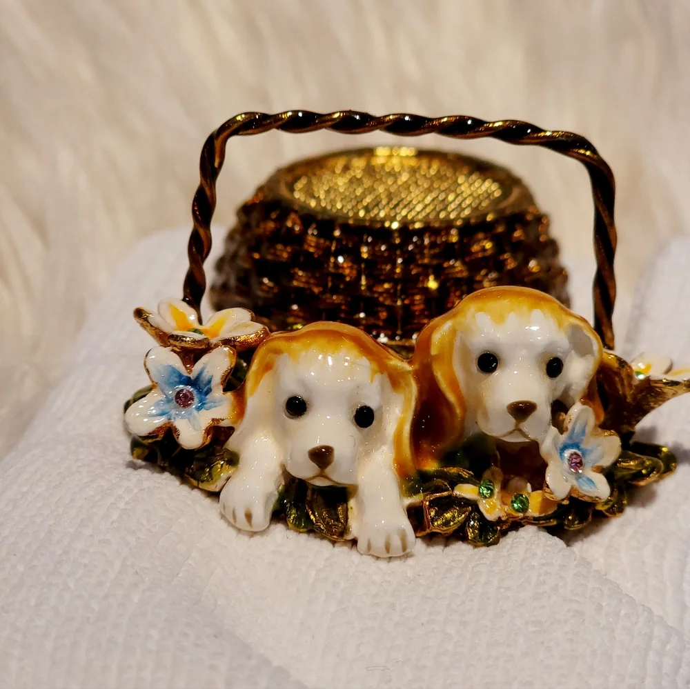 Bejeweled Puppies in Basket Hinged Metal Enameled Trinket Box  - New